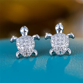 Cute Female White Zircon Stone Turtle Earrings Silver Color Luxury Bridal Wedding Jewelry For Women