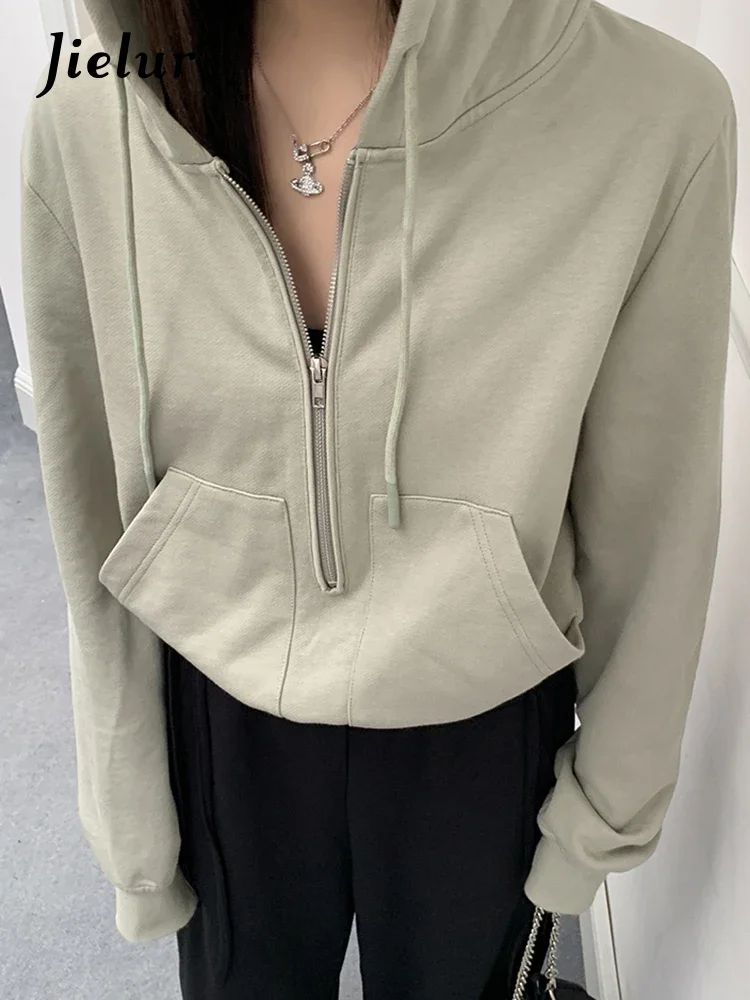 Jielur Winter American Hooded Loose Green Female Sweatshirts New Loose Zipper Casual Sexy Fashion Women's Hoodies Office Lady