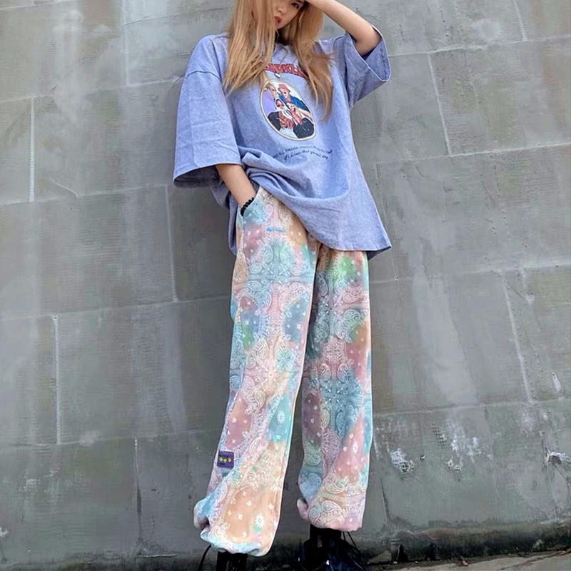

2022 Vintage Hip Hop Paisley Graphic Sweatpants American Fashion Joggers Baggy Pants Pink Tie Dye Streetwear Casual Y2K Trousers
