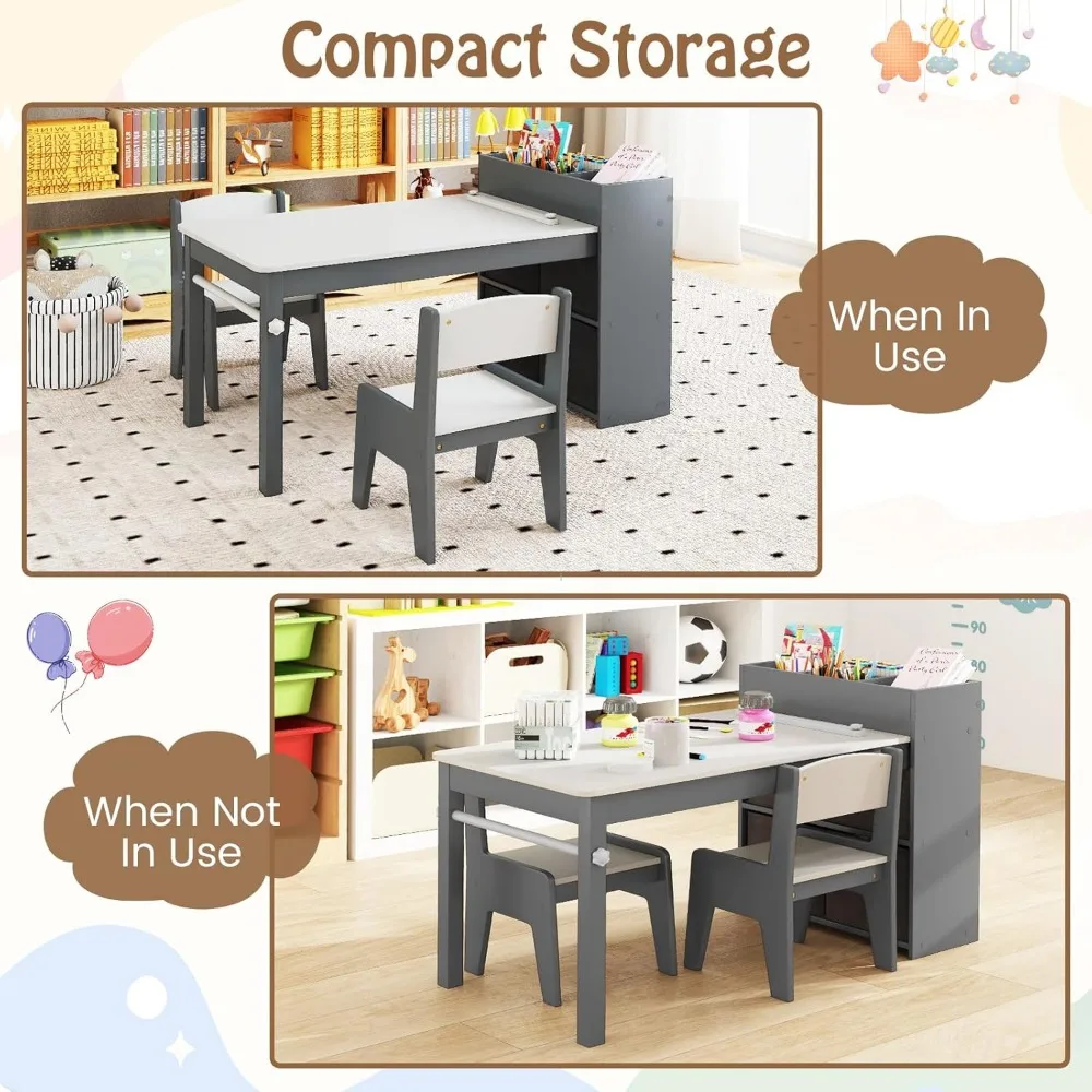 Kids Table and Chairs,3 in 1 Wooden Art Drawing Table with 2 Chairs,4 Fabric Bins,Table and Chair Set for Children Playroom 5