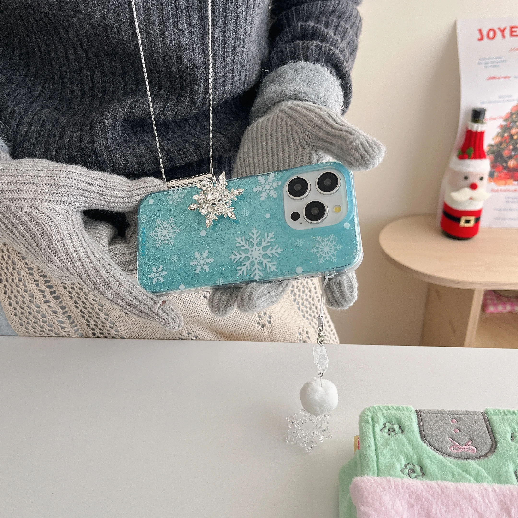 Winter 3D Cartoon Snowflake Blue Transparent Glitter Powder Phone Case for iPhone 16 15 14 13 Pro Max 12 11 Back Cover Funda
