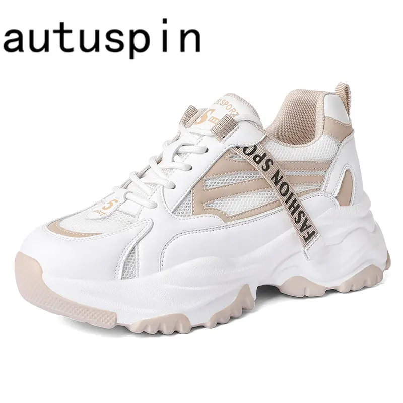 

Autuspin 6cm Platform Women Sneakers New Splicing Genuine Leather Fashion Lace-Up Sports Shoes Summer Wedges Block Leisure Shoe