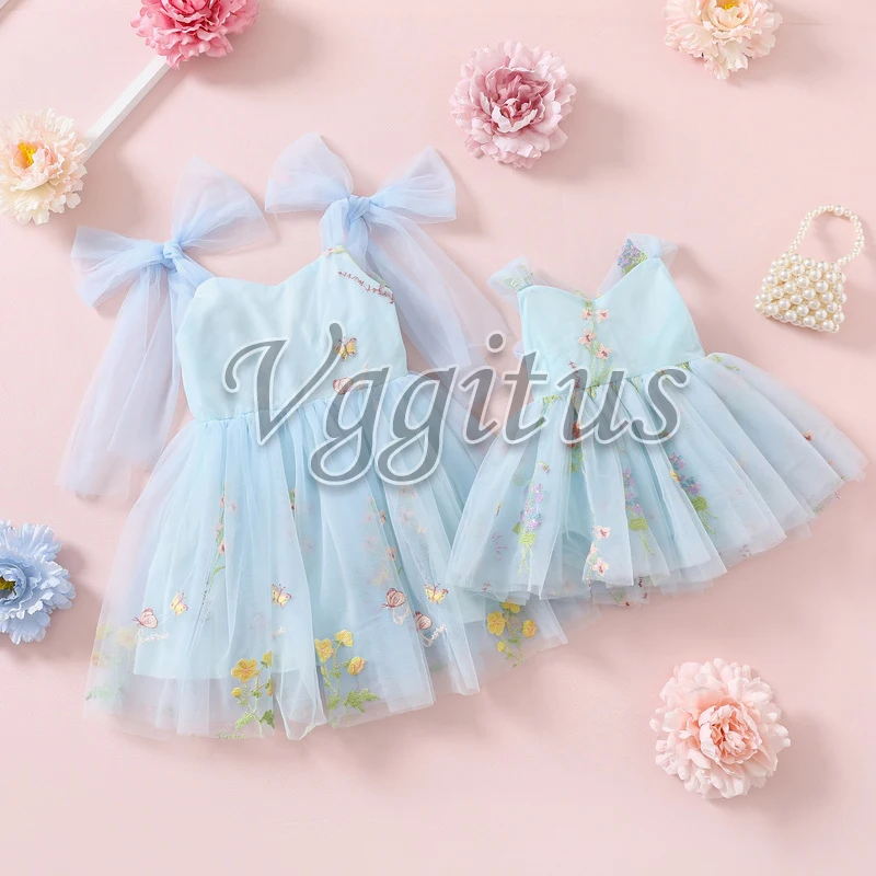 

Sister Matching Outfits for New Summer Soild Color Embroidery Open Back Sleeveless Dress Sling Bodysuit for Twins Daughter E1237