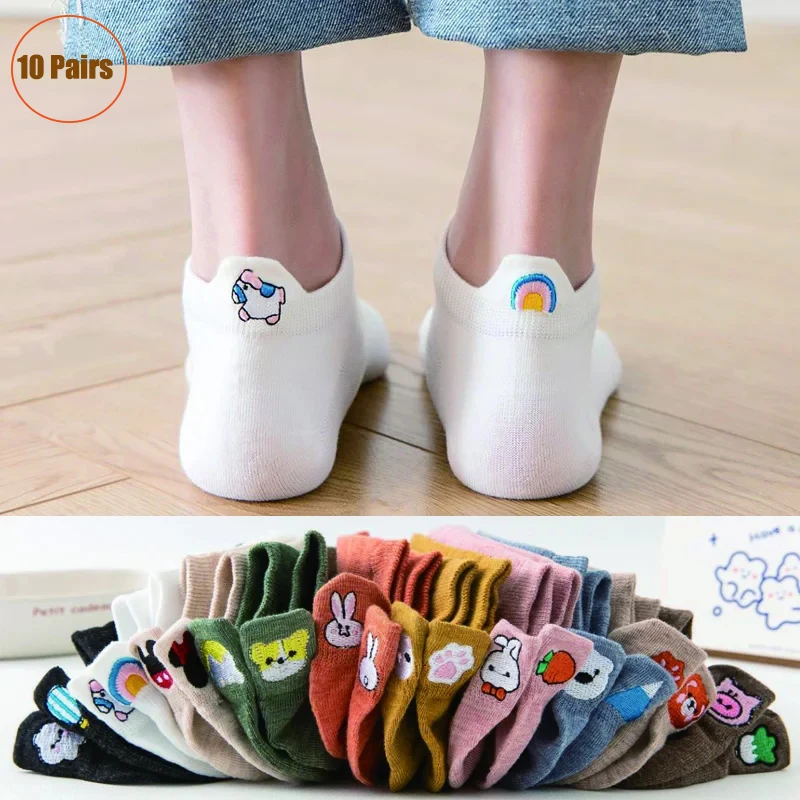 10 Paar süße Damensocken aus Baumwolle, Kawai, bestickt, lustige Low-Cut-Socken für Damen und Mädchen, Söckchen, Harajuku, Mädchen, Schulgeschenke
