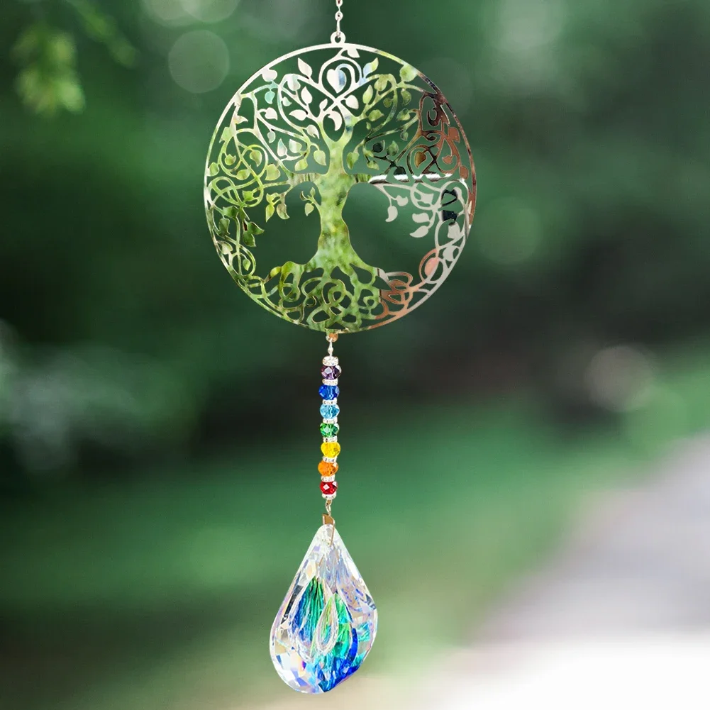 Chakra Tree of Life Sun Catcher Crystal Prism Handmade Crystal Drop Faceted Window Car Art Hanging Pendant Home Garden Decor