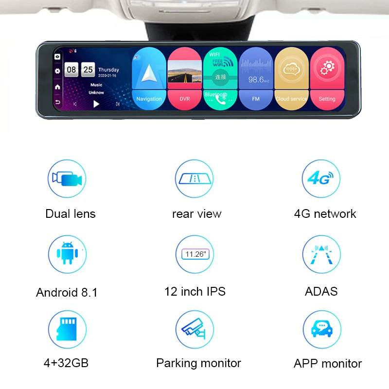 11.26 Inch Dash cam Android 8.1 GPS Navigation Car DVR Rearview Mirror RAM 4GB+ROM 32GB dual camera 1080P rear camera