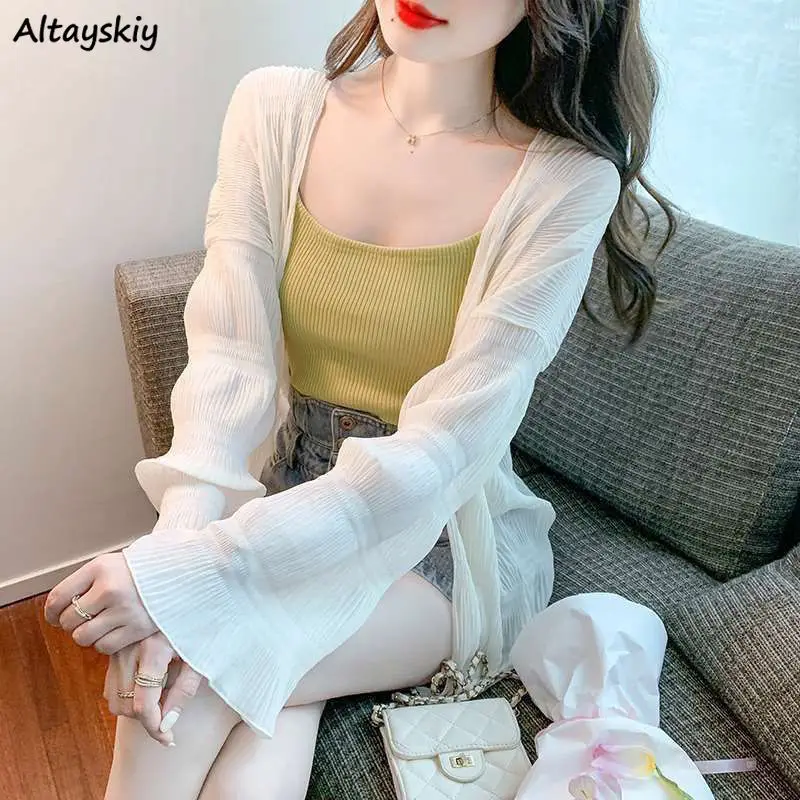 

Spring Solid Jackets Women Summer Loose Flare Sleeve Open Stitch Folds Fungus Edge Design Fashion All-match Thin Sun-proof Cozy