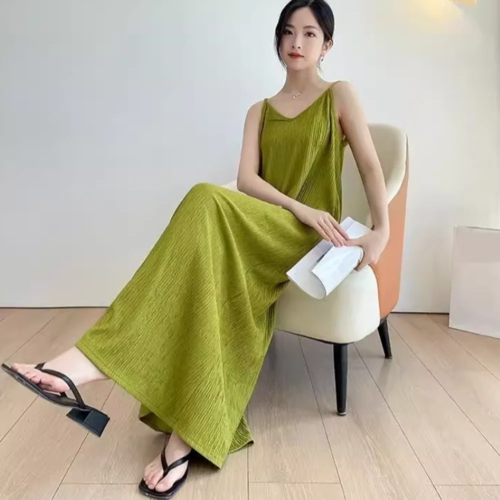 Fashion A-line Loose Sling Dress Solid Color Beachwear Sleeveless Long Dress Round Neck Beach Vacation Sundress Summer
