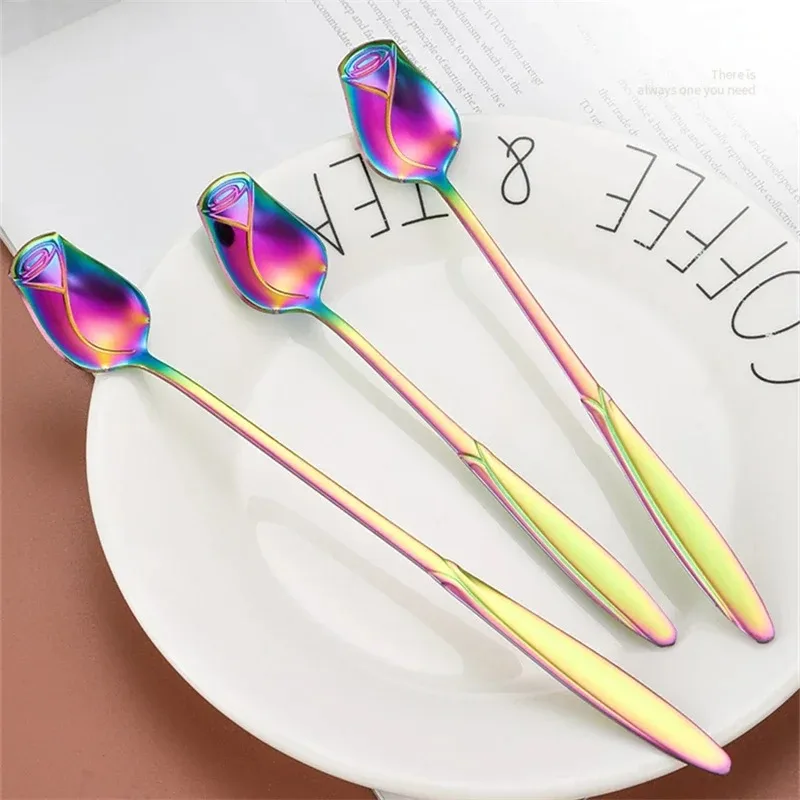 13/15/17cm Long Handle Coffee Spoon High-quality Rose Small Tea Spoon Stainless Steel Cute Ice Cream Dessert Stirring Spoon