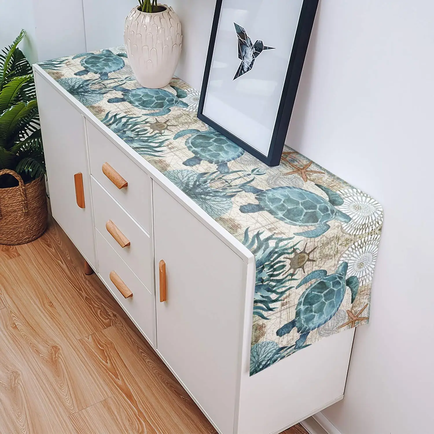 Nautical  Sea Turtle Starfish Linen Table Runners Dresser Scarves Table Decor Farmhouse Kitchen Table Runners Party Decorations 5