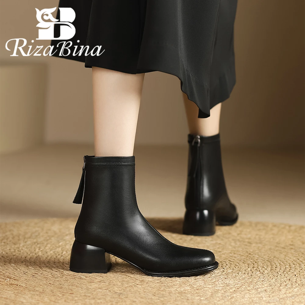 

RIZABINA Women Ankle Boots Luxury Real Leather Chunky Heel Zipper Short Boot Ladies Winter Warm Short Plush Office Daily Booties