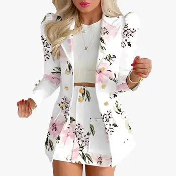 Fashion Versatile Matching Suit and Skirt Women's Casual Floral Print Puff Sleeve Blazer Coat & Skirt Set Ladies Two Piece Suit 1