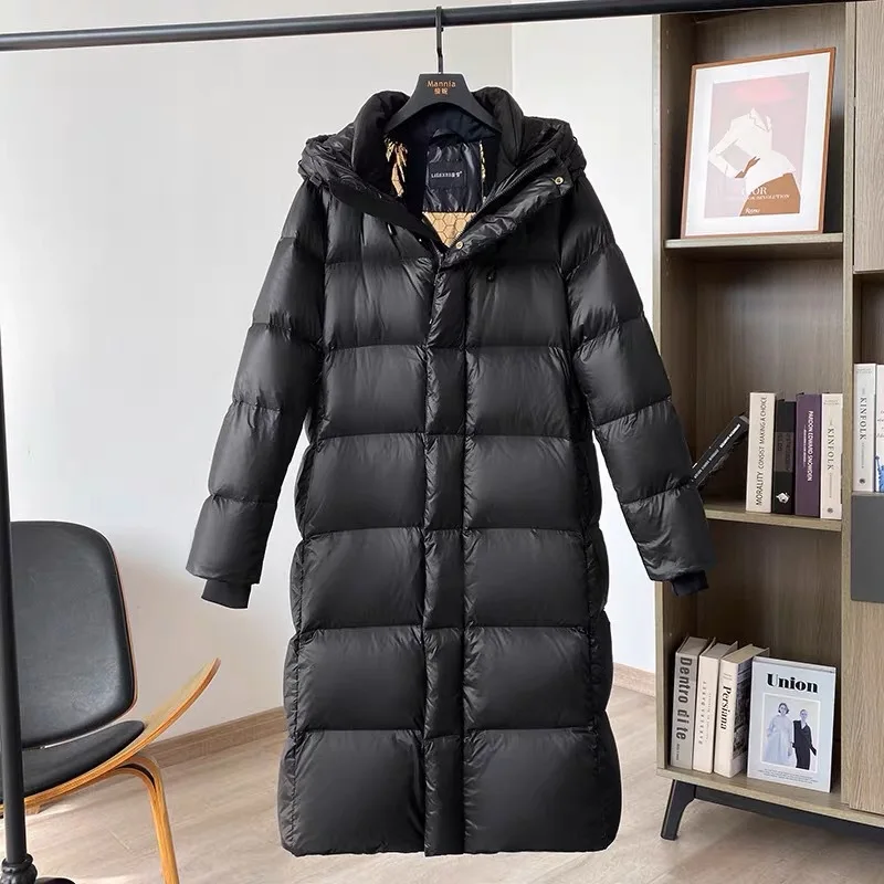 

Long black goose down jacket for women in 2023 winter, new thick hooded Korean version, loose over knee couple jacket trend
