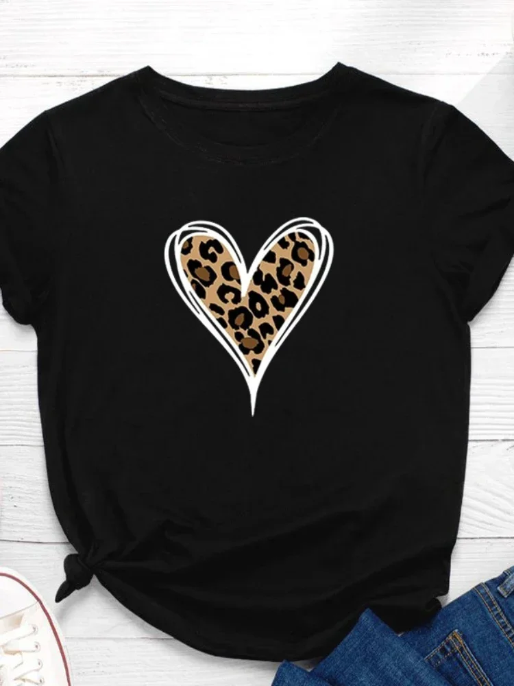 

Leopard Heart Print Women T Shirt Short Sleeve Ladies Fashion Tee Shirt Tops Clothes Camisetas Mujer O Neck Loose Women Tshirt