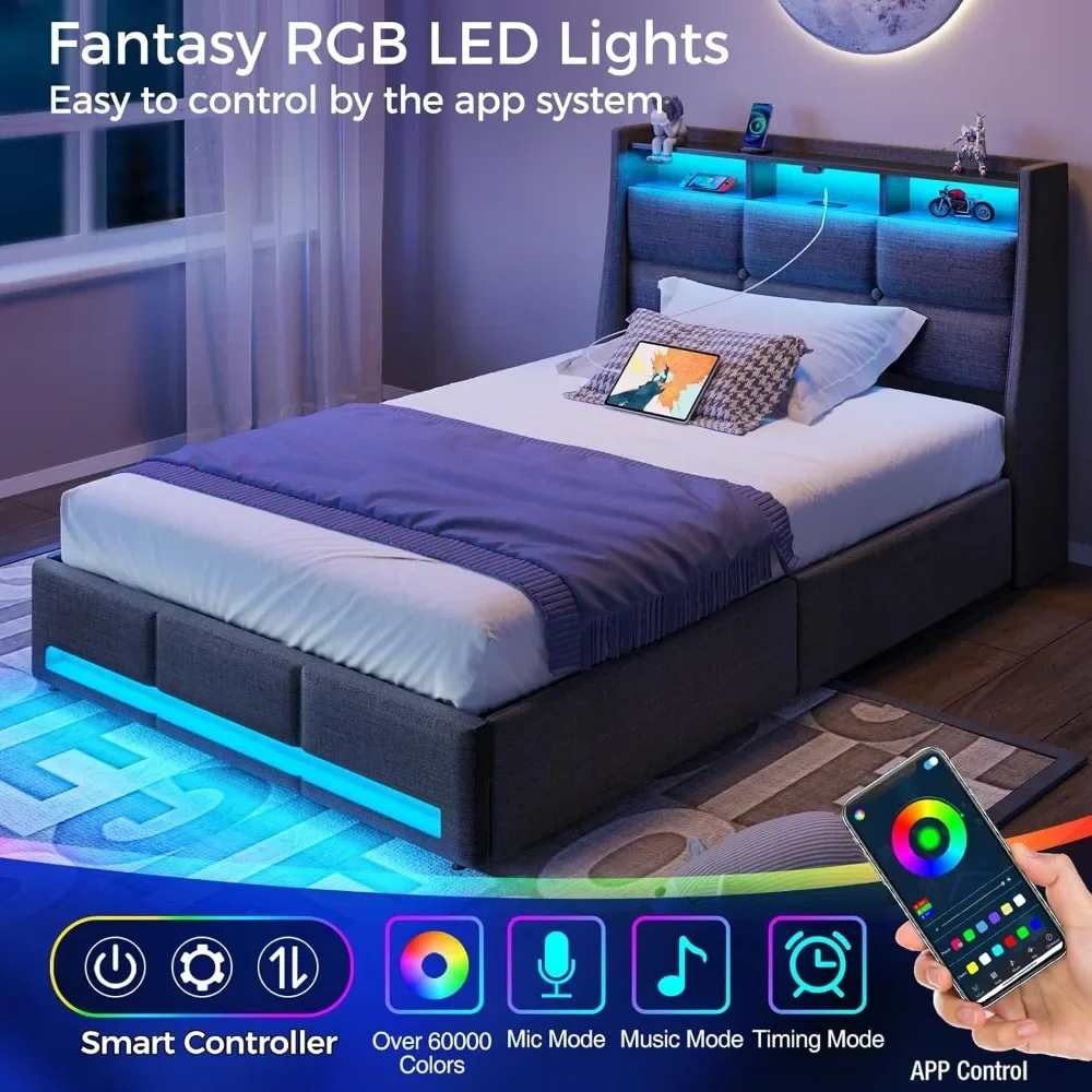 NEW-Rolanstar Twin Size Bed Frame with LED Lights and Charging Station, Upholstered Bed Storage Headboard & Drawers, Heavy Duty