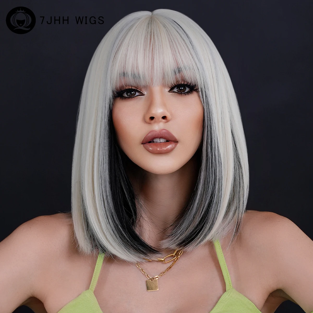 

7JHH WIGS Highlight Silvery Black Short Wig with Bangs for Woman Natural Synthetic Straight Hair Bob Wig Heat Resistant Fiber