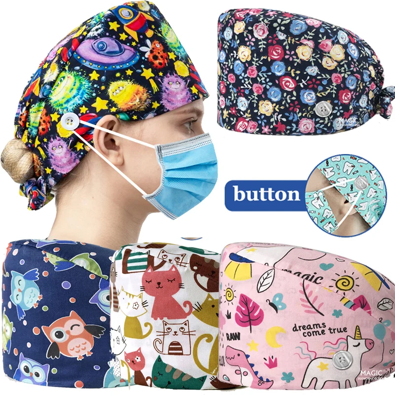 Scrub Caps Women Cartoon Print Dentist Medical Surgical Caps Beauty Salon Nurse Pet Clinic Hats Operating Room Anesthetist Hat medical scrub hats