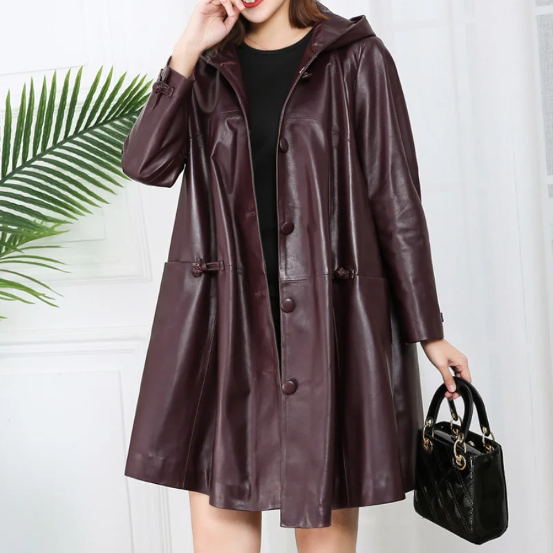 

2023Hot Sale Hooded Genuine Sheepskin Leather Jackets Women Spring Autumn Women's Windbreaker Jacket Oversized Coat Female