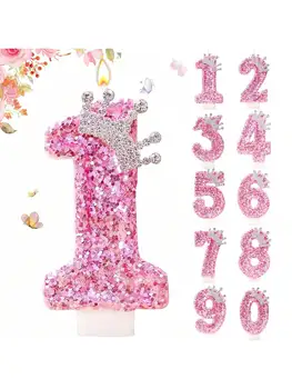 Cake Numeral Candles ，Birthday Candle pink Colour Creative Candle Princess Crown Girl Happy Birthday Party Decoration