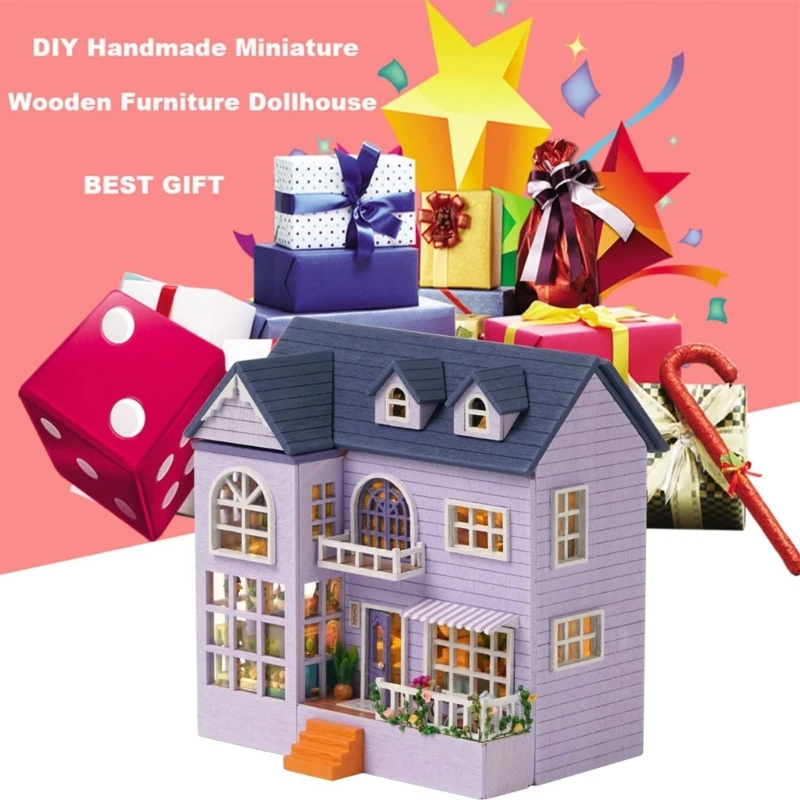Wood Dollhouse DIY Miniature Furniture Kits Mini Handmade Craft House Model with LED Light Dollhouse Toy for Teens Adult 5