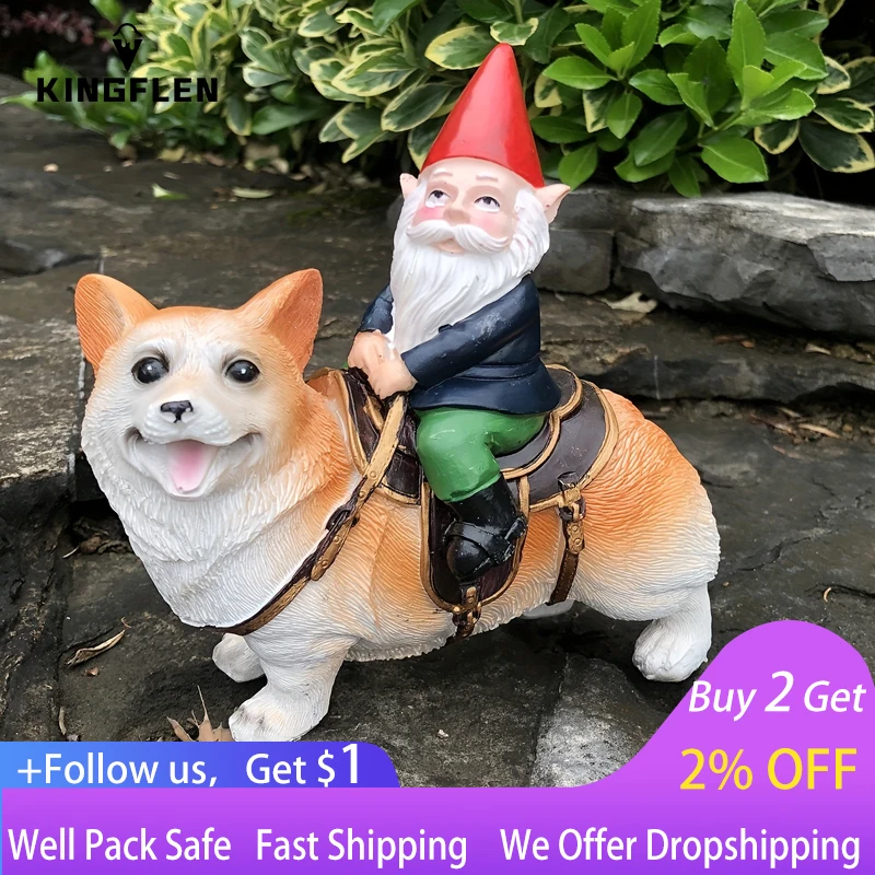 

1 шт. Забавный садовый статуя гнома, Gnome Riding A Corgi скульптура, Крытый Открытый Декор сад для патио двора газон Декор
