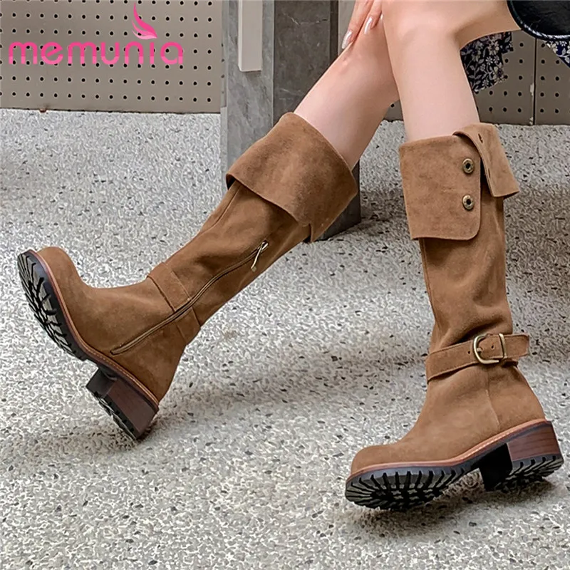 

MEMUNIA 2023 New Cow Suede Leather Zipper Women Boots Square Med Heels Autumn Boots Top Sale Ladies Pleated Knee High Boots