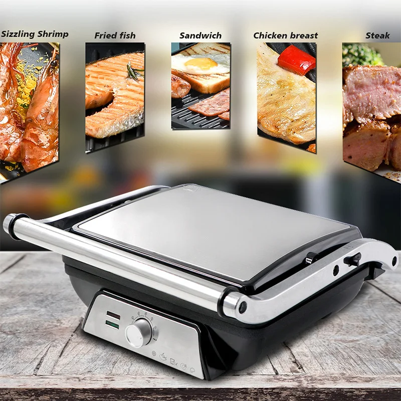 Stainless Steel Indoor Grill, Panini Press XL Automatic Cooking 2000 Watts Smokeless, Removable Plates, Steak Maker 6
