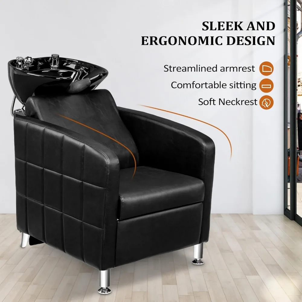 Salon Shampoo Bowl and Chair, Shampoo Chair Extra Wide Seat & Porcelain Hair Washing Sink, Unit Beauty Spa Barbershop