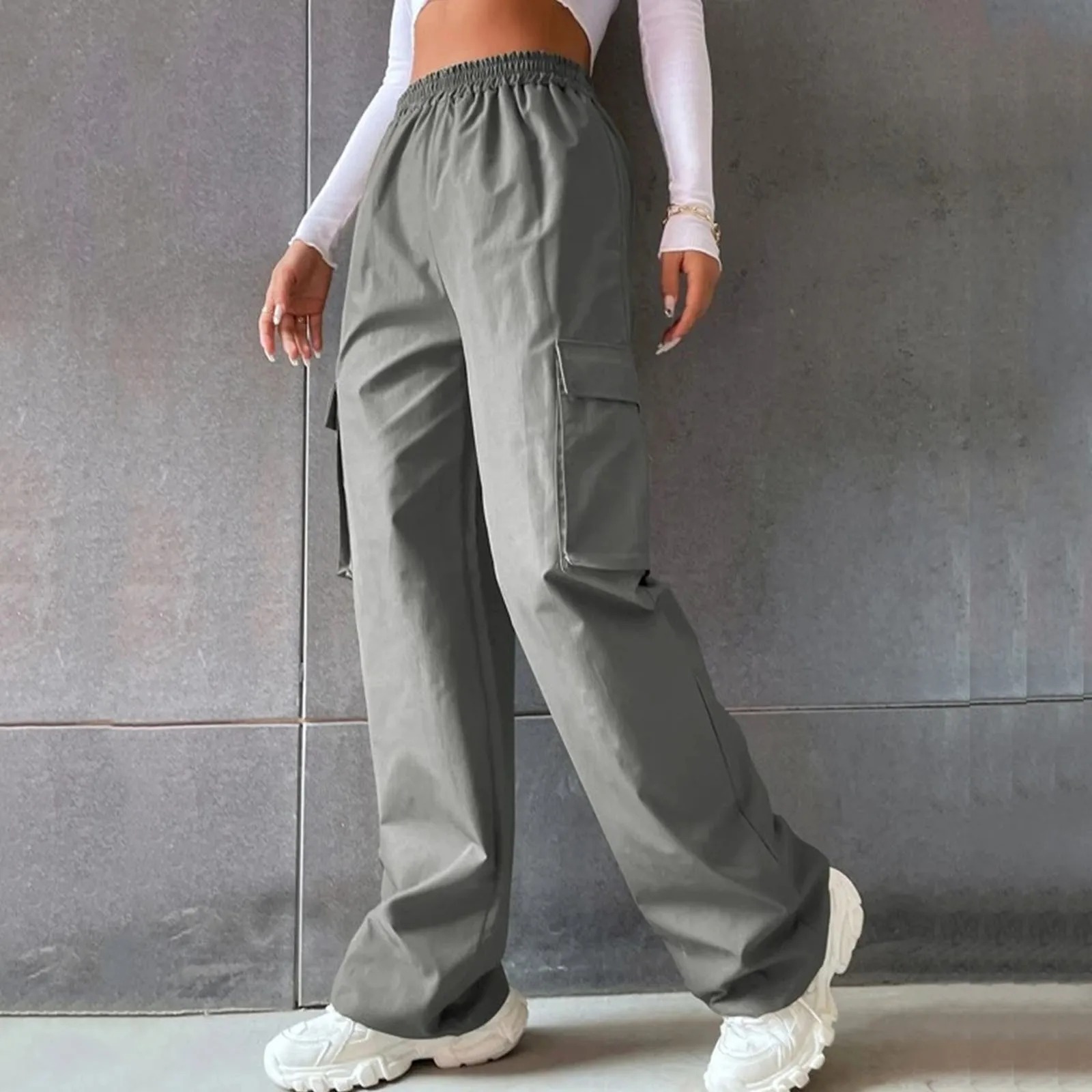 Cargo Pants Women Plus Size Belt Less High Waisted Wide Leg Trousers Straight Leg Relaxed Style Trousers Sweatpants Techwear