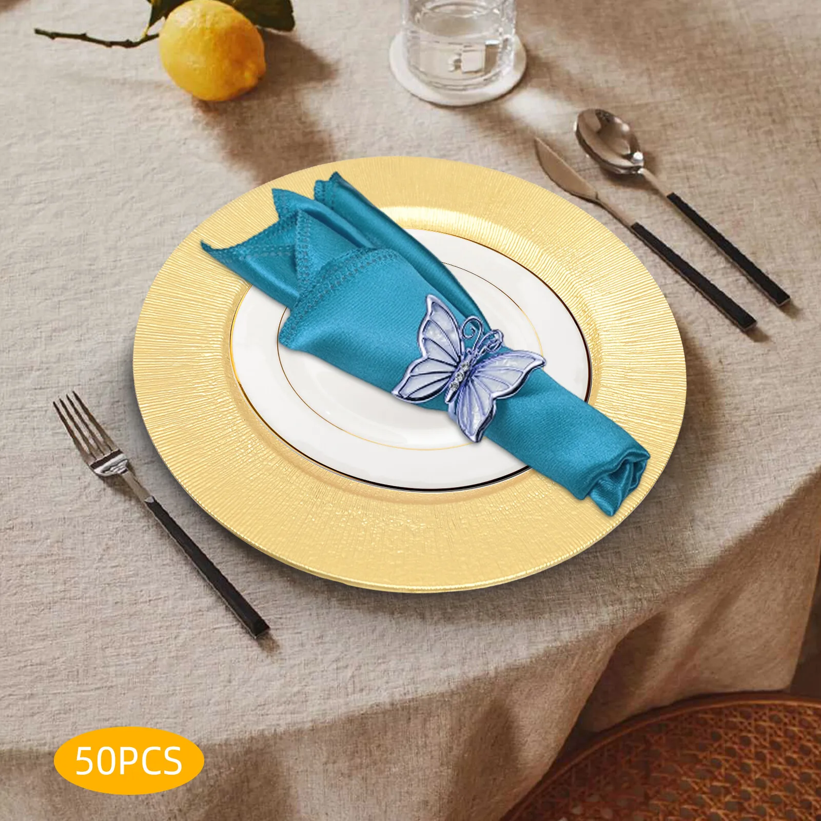50 Pcs Gold Charger Plates Set Round Dinner Plates Serving Table Setting Salad Reef Plate Pad for Wedding Dinner Decor