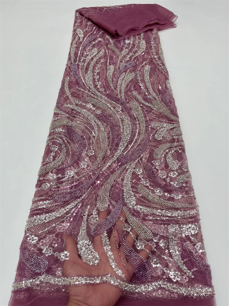 

Nigerian 2023 Heavy Handmade Beads Tulle Lace Fabric African Luxury Sequins Pearl Fabric Fashion For Women Bride Dresses Sewing