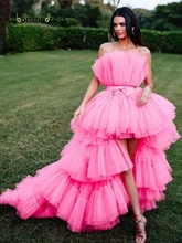 

Bbonlinedress High Low Prom Dresses Strapless A-Line Tulle Tiered Short Front Long Back Girl Evening Party Gown for Graduation