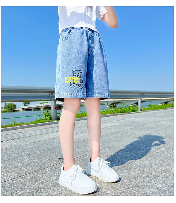 여름용 얇은 여성용 청바지, 어린이 루즈한 스타일, 5 포인트 바지, 중간 큰 소녀 캐주얼 면 소재