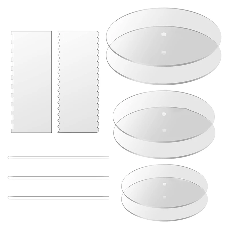 A25F-Acrylic Round Cake Disk Set,Acrylic Cake Discs Set,Comb Scrapers,Dowel Rods,Icing Scraper,Acrylic Scraper Smoother