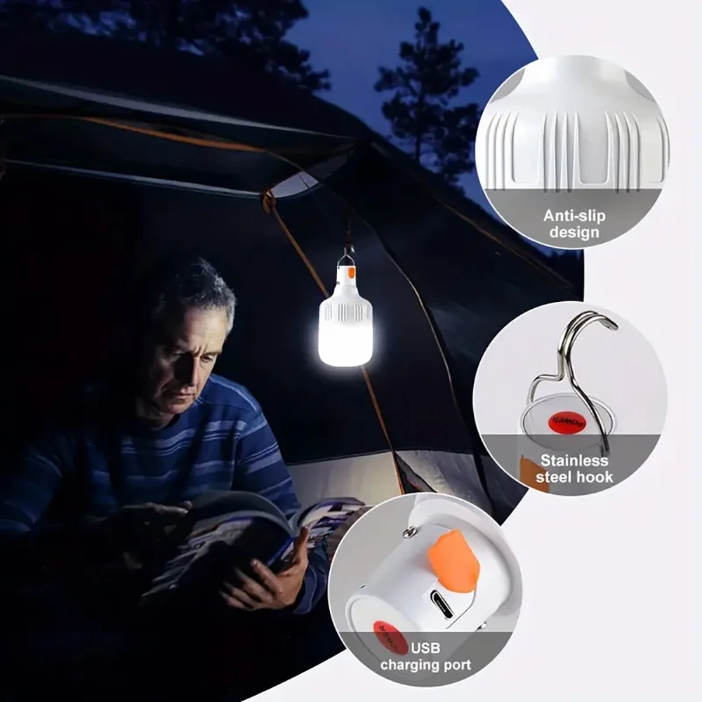 1PC Outdoor USB Rechargeable LED Lamp Bulbs 60W Emergency Light Hook Up Camping Fishing Portable Lantern Night Lights