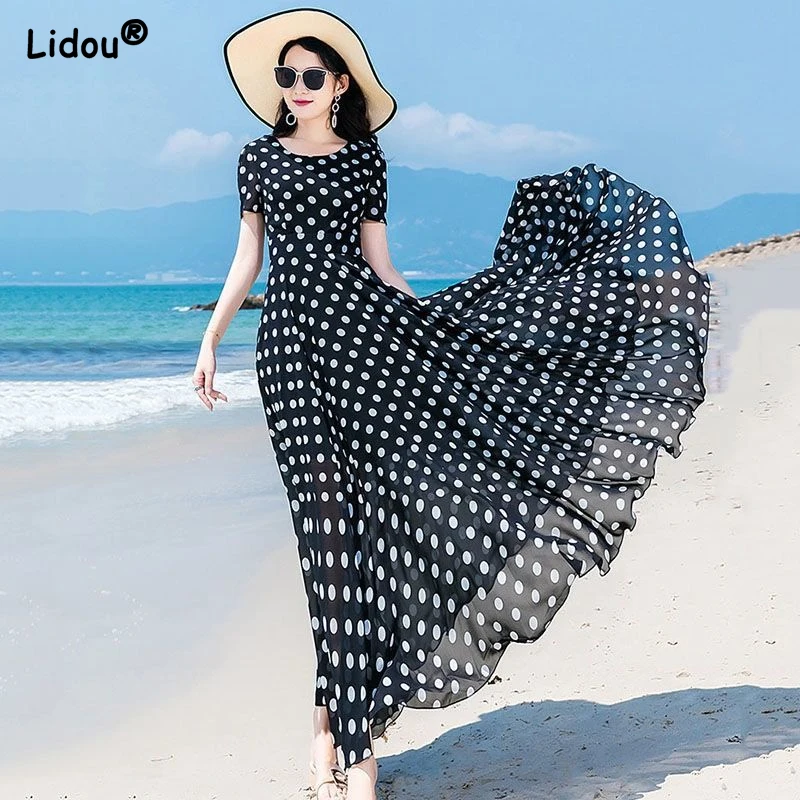 

Summer Bohemian Dot Print Short Sleeve Dresses Fashion Slim O-neck Women's Clothing Simple Temperament Long Skirt Female 2022