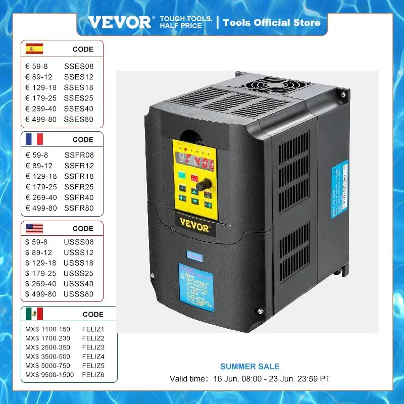 

VEVOR 2.2/3/4/7.5KW VFD Frequency Inverter 110V/220V 1/3P Input 3P Output Variable Frequency Drive CNC Motor Inverter Converter