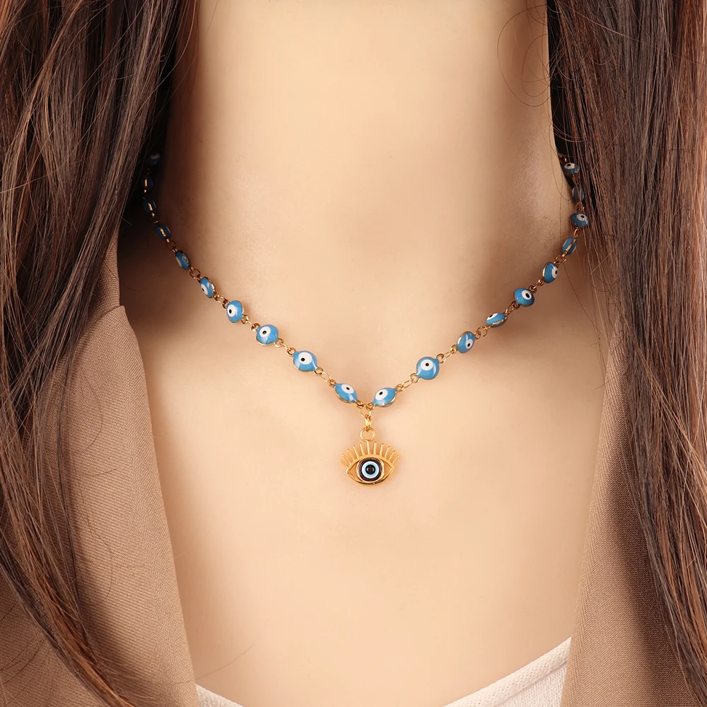 Collana GOLDENCAT Con Ciondolo Occhio Turco E Sole, In Acciaio Inossidabile Placcato Oro 18k, Lunghezza Regolabile 415 Mm + 65 Mm, Peso 8,1 Grammi