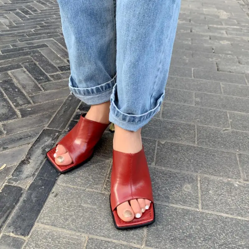 Korea cowhide fashion snake pattern slippers female Europe & USA flat head high-heeled slippers 2024 spring & summer new models