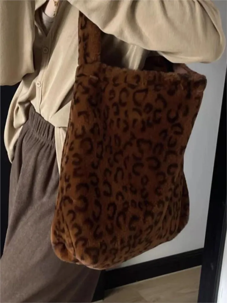 JIAERDI Leopard Print Tote Bag Women Large Capacity Plush Soft Casual Shoulder Bags Purse Female Vintage Coffee Handbag Bolsos