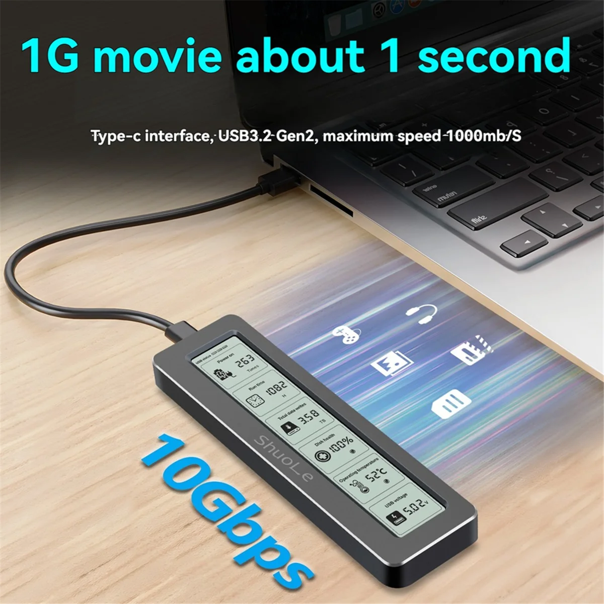NVME/NGFF Dual Protocol SSD Enclosure SHuoLe M. 2 Display Screen Intelligent Digital Health Detection Type-C 3.2 10Gbps