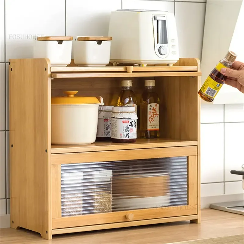 Bamboo Modern Kitchen Cabinets Desktop Sideboard Simple Table Top Rack Household Seasoning Tableware Storage Cabinets with Door 5
