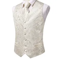 Hi-Tie Beige Yellow Silk Mens Vest Hanky Cufflinks Set Jacquard Floral Social Waistcoat Sleeveless Jacket for Wedding Business 2
