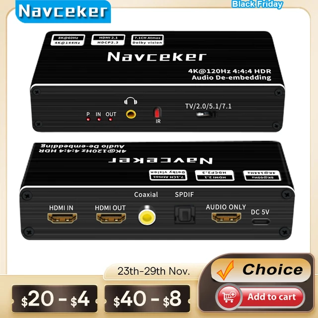 Navceker 8K 60Hz HDMI Audio Extractor 4K 120Hz RGB 4:4:4 HDMI 2.1 Audio  Splitter Converter 7.1 Dolby Atmos De-embed for PS5 XBox - AliExpress