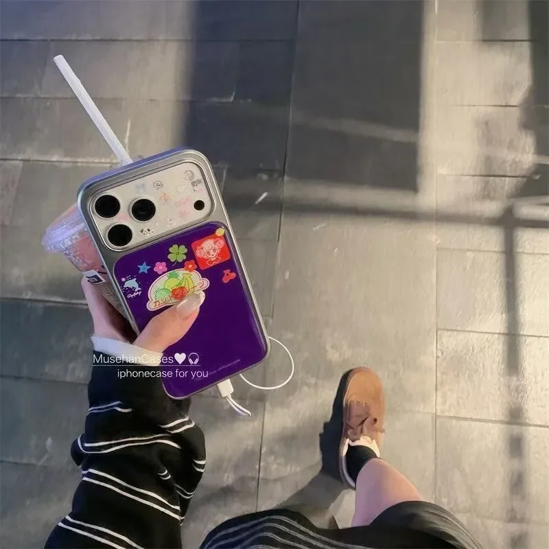 Electroplated Drip Glue Y2K Phone Case with Purple Illustration Background