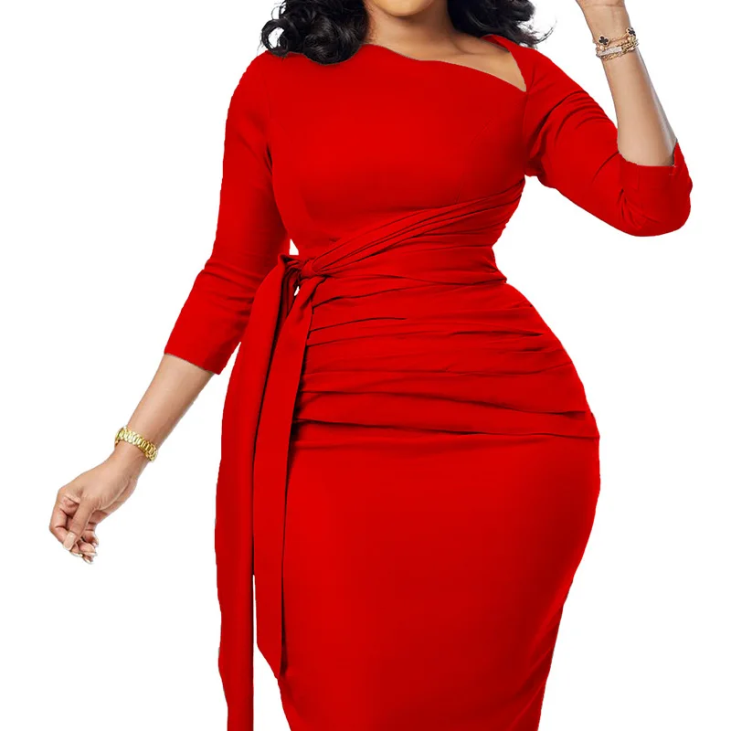 Plus Size Commute Autumn Women's Clothing Oblique Collar Solid Color Three Quarter Sleeve Party Bandage Pleated Bag Hip Dresses