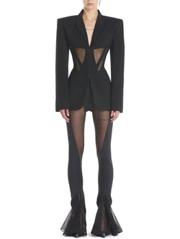 HIGH STREET Newest 2026 Designer Blazer Suit Women's Perspective Gauze Patchwork Blazer Pencil Pants 1