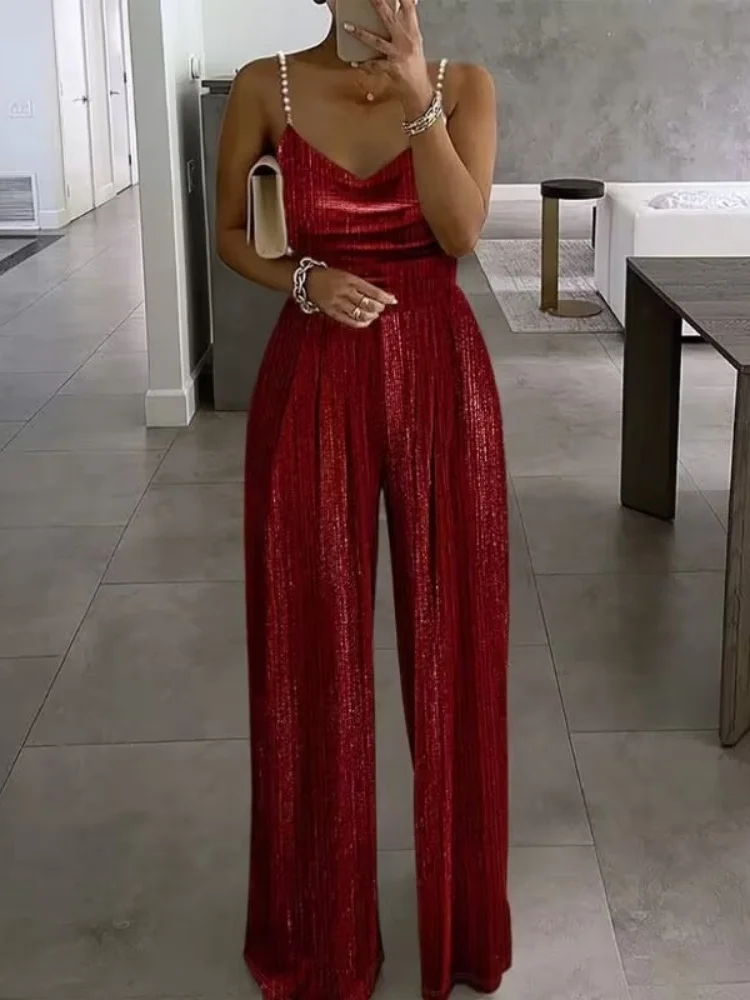 Wmstar Jumpsuits Romperswomen Wholesale Fashionable Metal Beaded Halter One Piece Pants with Swing Neck Summer 2025 Luxury