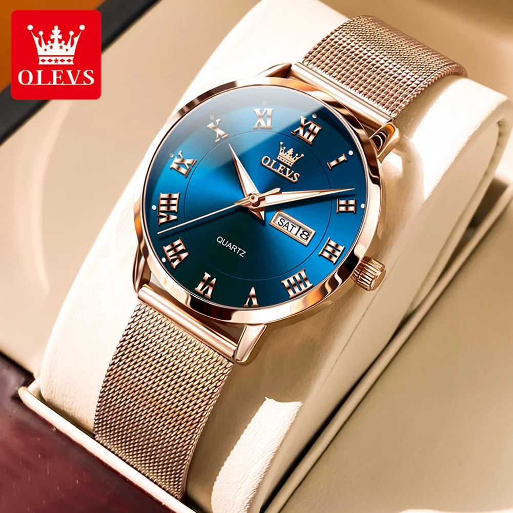 OLEVS 2920 Watch For Women Waterproof Dual Calendar Milanese Steel Strap Ladies Hand Clock Luxury Original Quartz Dress Watches