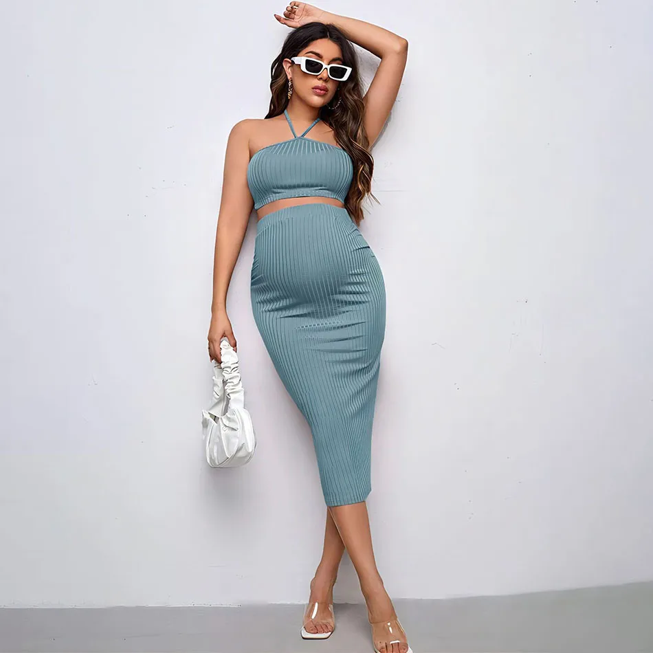 

Maternity Clothing Sets Solid Color Fashionable Casual Ribbed Knitted Suspender Top + Mid Length Skirt Maternity Clothing